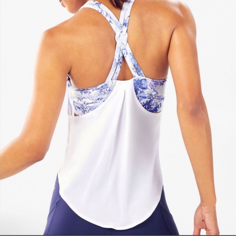 Fabletics Built-In Bra Swing Tank, Size M, good condition, White/Blue Floral
